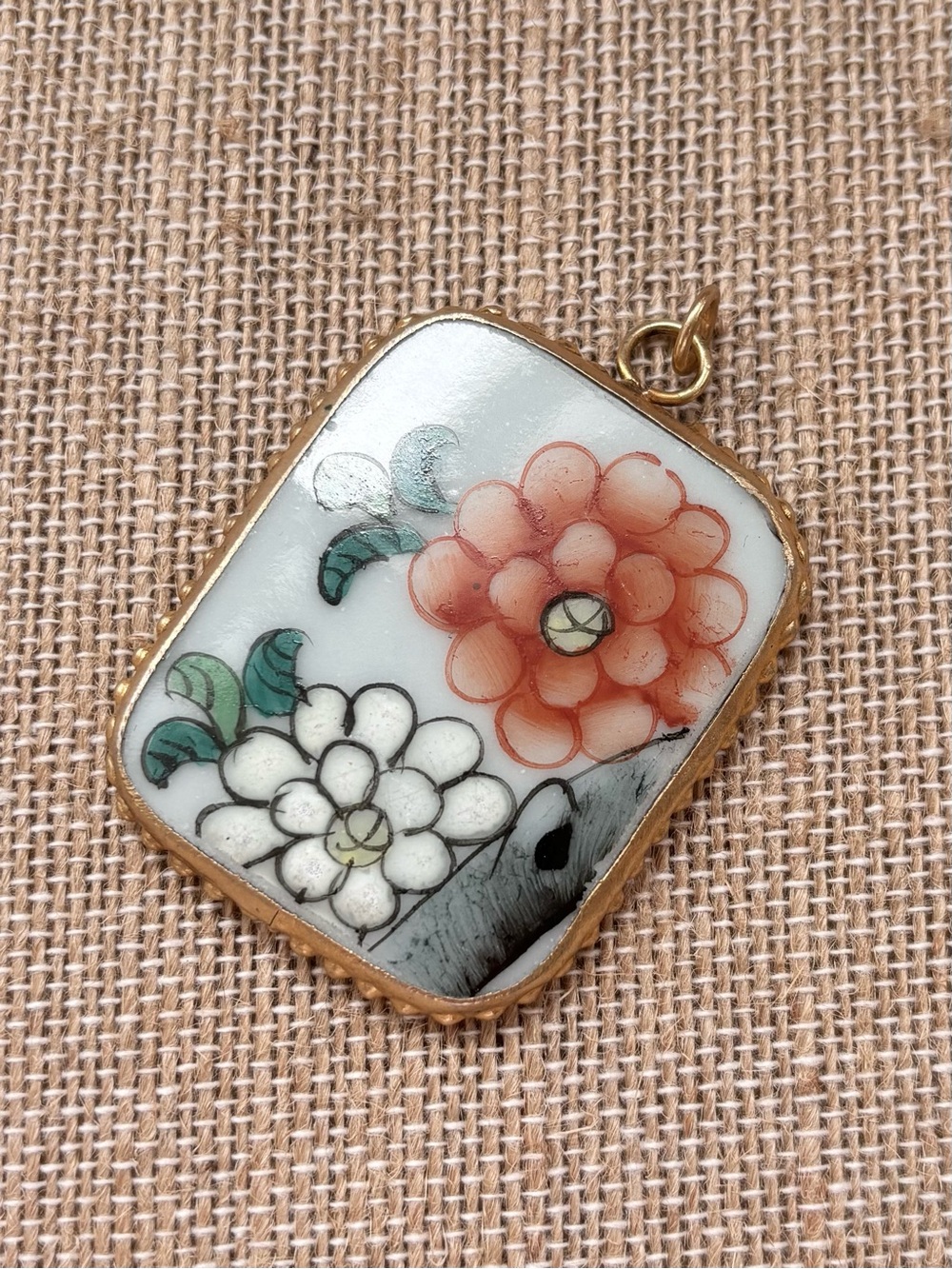 Vintage 2.25" Chinese Porcelain Shard Hand Painted Bezel Pendant